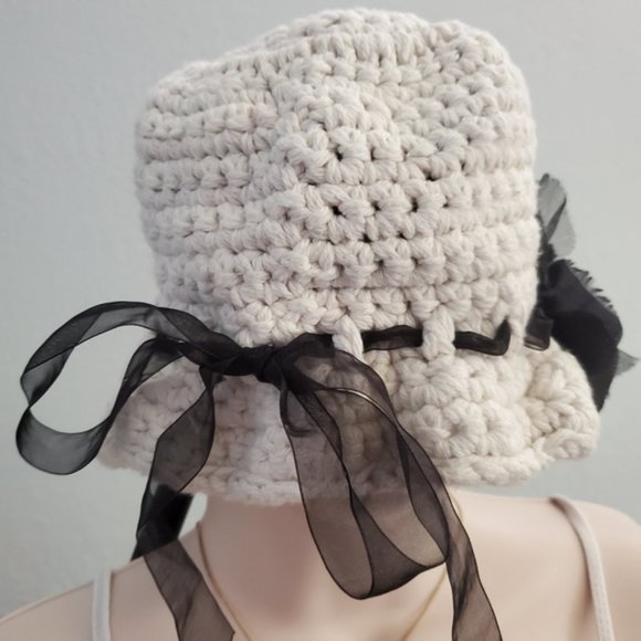 White Knit Hat with Ribbon Loops - Picture 2 of 3